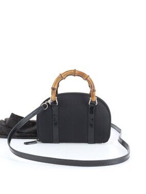 Gucci Vintage Bamboo Leather 2-Way Shoulder Bag Crossbody Hand Tote Black